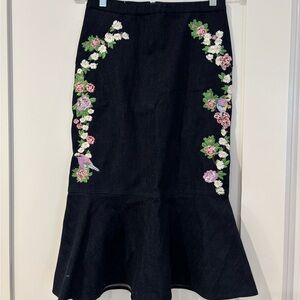 Elie Tahari Denim Midi Skirt with Floral Embroidery